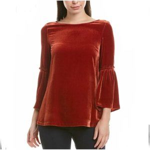 Lafayette 148 Velvet Blouse Top Women's M Red Bell Sleeve Boat Neck Pull…